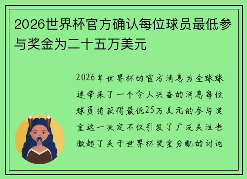 2026世界杯官方确认每位球员最低参与奖金为二十五万美元